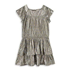 Peek Aren't You Curoius Toddler Girl's Silver Foil Dot Tiered Dress Kids Size 3T